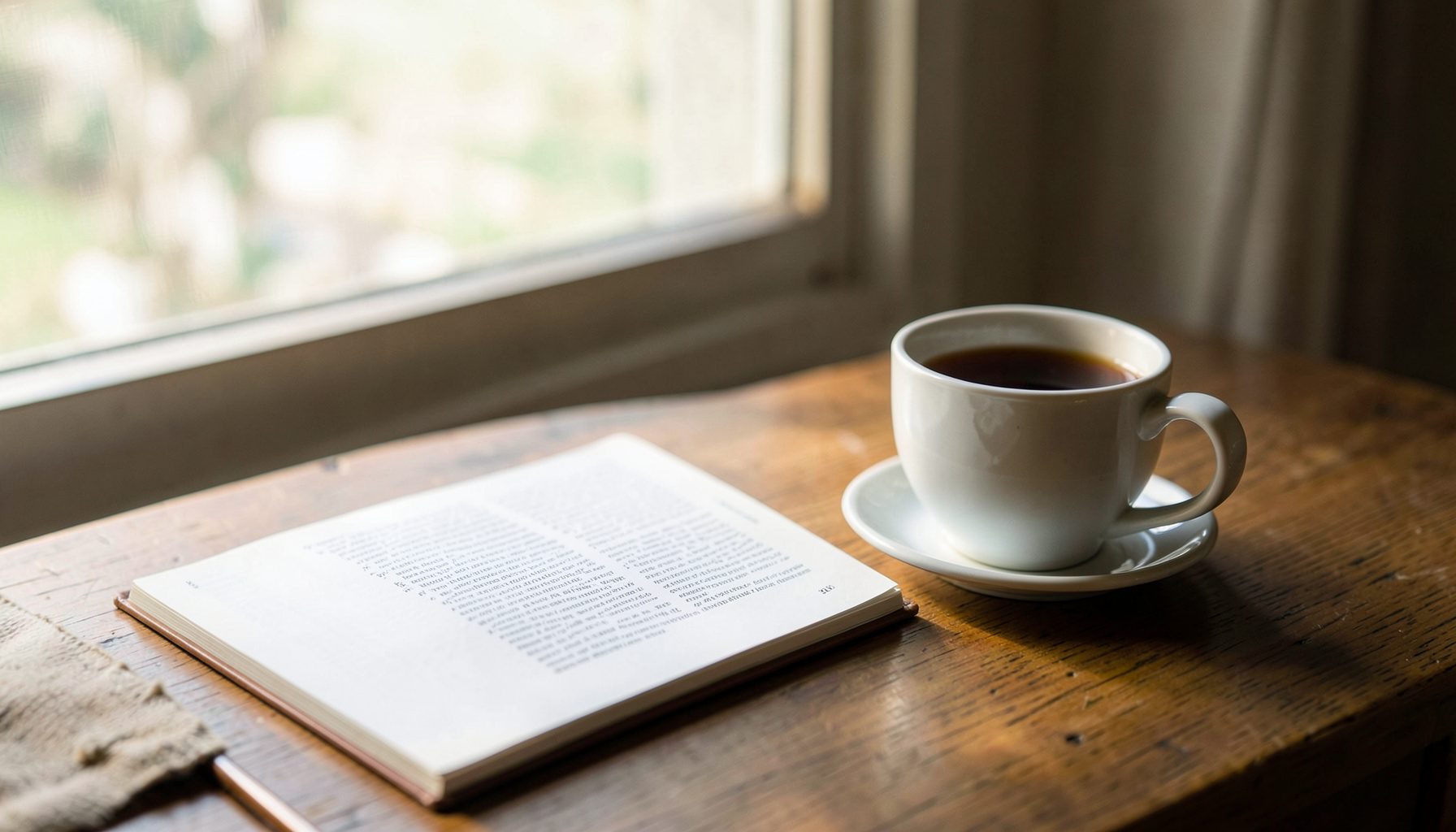 A journal and a cup of tea on a wooden table by a window, soft morning light, tranquil and cozy