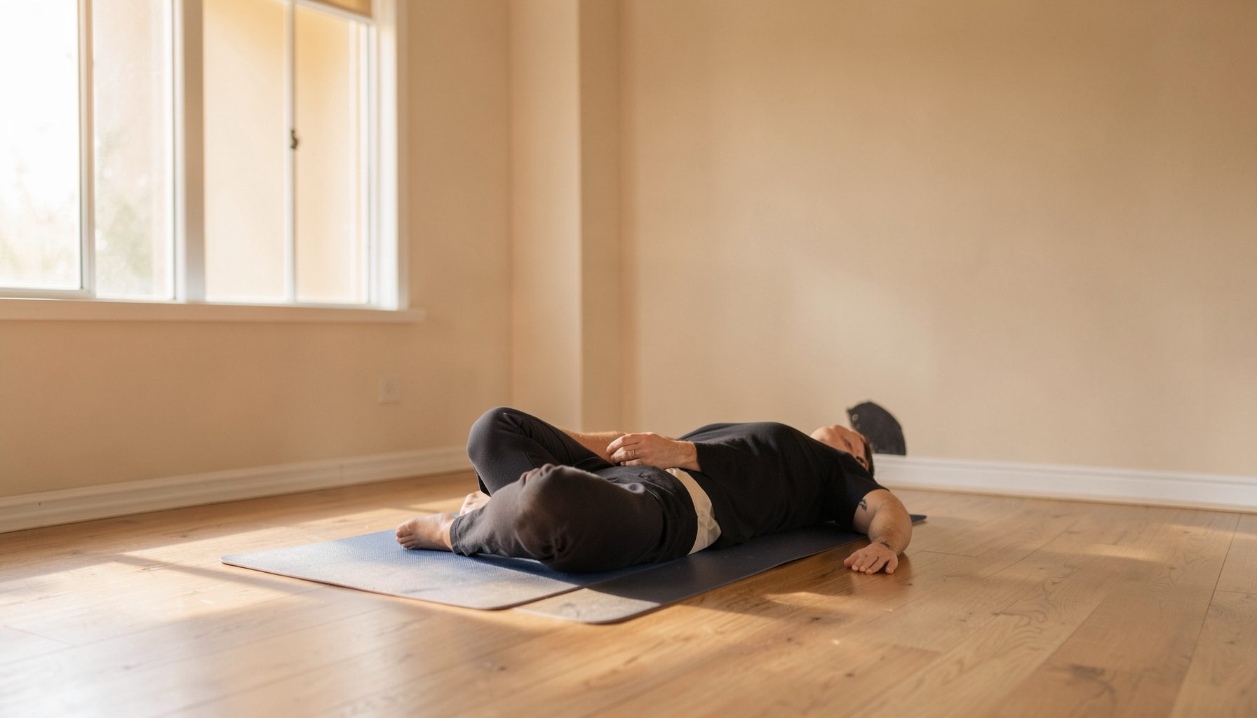 A calm yoga space with soft natural light, warm beige walls, and a wooden floor, quiet and inviting