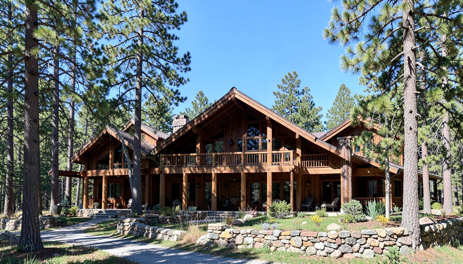 A large wooden lodge-style building surrounded by tall pine trees and stone landscaping under a clear blue sky, tranquil
