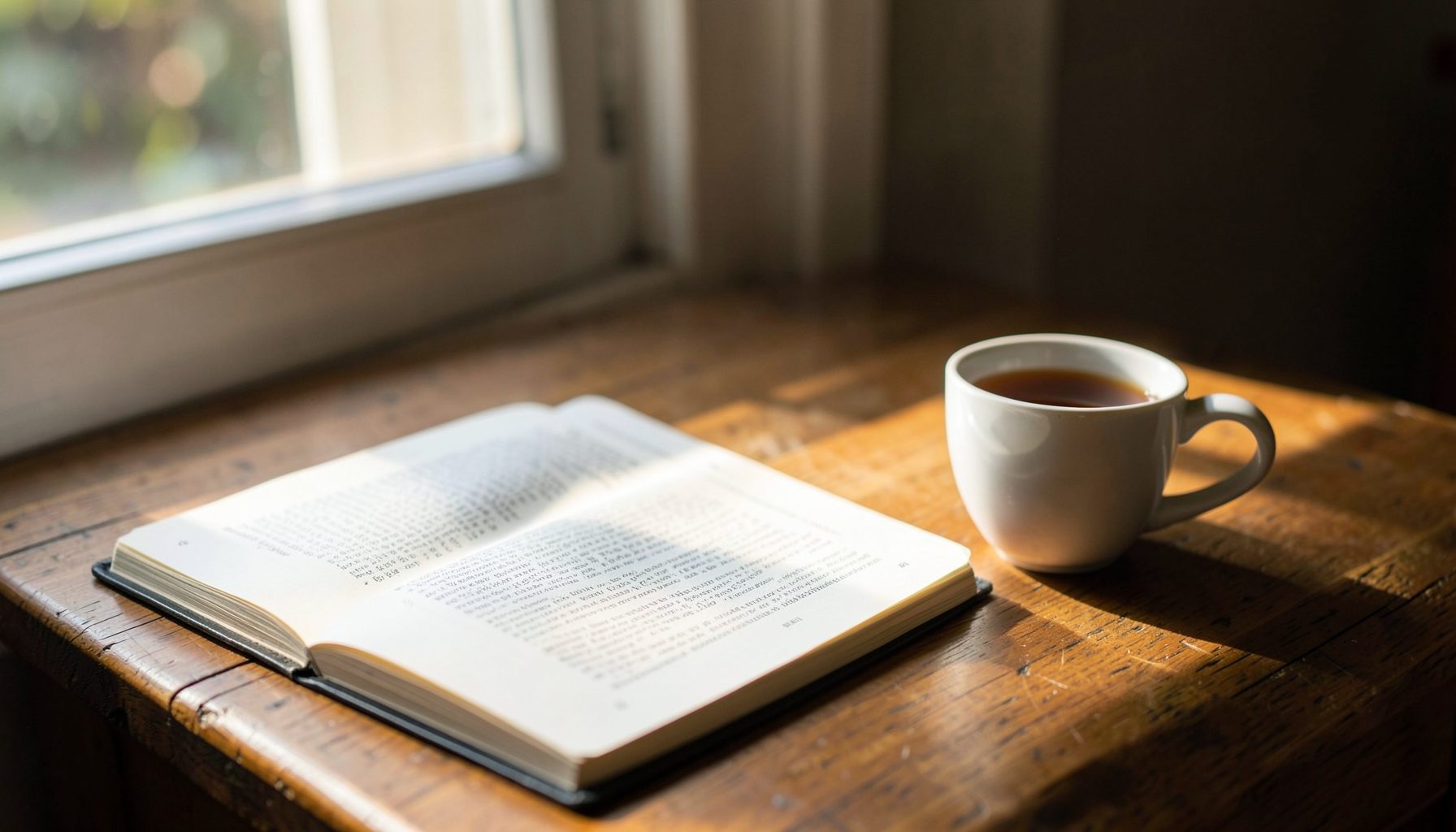 A journal and a cup of tea resting on a wooden table near a window, with soft morning light casting gentle shadows, cozy